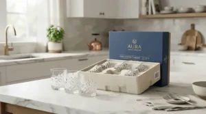 A boxed acrylic wine glasses set unboxed on a modern kitchen counter ready for entertaining guests.