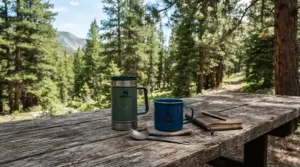 A budget unbreakable acrylic wine glasses set packed neatly for a weekend camping trip in the mountains.