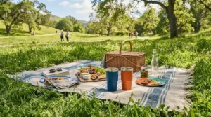 An acrylic wine glasses set packed inside a traditional wicker picnic basket at a Vancouver park.