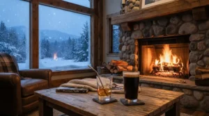A sturdy acrylic wine glasses set on a coffee table inside a cozy winter ski chalet in Whistler.