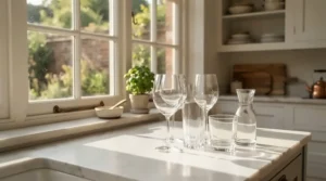 Sparkling glass wine glasses showcasing crystal-clear glass clarity near a sunlit kitchen window