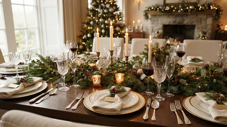 Festive table setting featuring polished glass wine glasses during a winter holiday dinner in Calgary