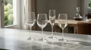 Handcrafted glass wine glasses from renowned glassware brands displayed on a marble counter