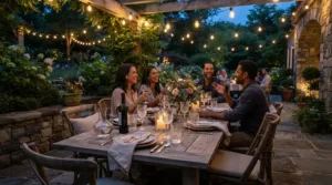 Durable glass wine glasses arranged for a summer evening patio dinner in Montreal