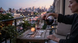 Red wine being poured into crystal glass wine glasses in a modern highrise Vancouver apartment