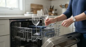 Heat-resistant glass wine glasses being loaded safely into a modern kitchen dishwasher for easy cleanup.