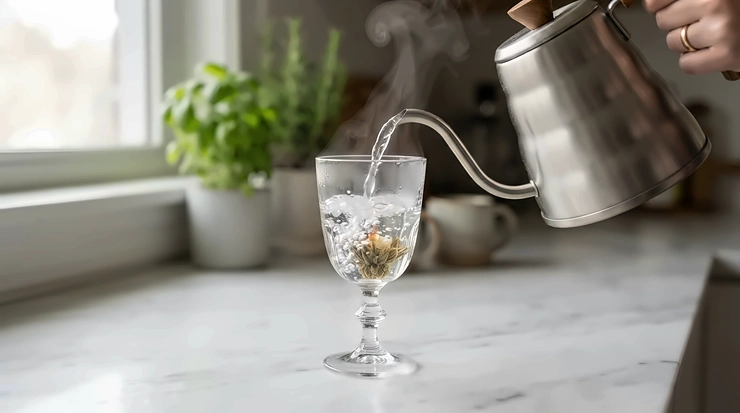 Heat-resistant glass wine glasses demonstrating thermal shock resistance under steaming hot liquid poured in a bright kitchen.