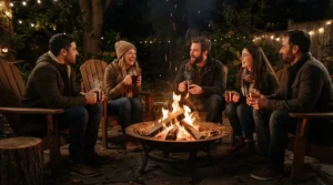 Heat-resistant glass wine glasses enjoyed safely around an outdoor backyard fire pit on a chilly Canadian night.