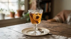 Heat-resistant glass wine glasses filled with a warm hot toddy cocktail garnished with cinnamon and citrus.