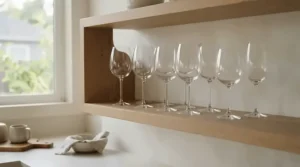 Heat-resistant glass wine glasses neatly organized on a modern open kitchen shelving unit in Toronto.