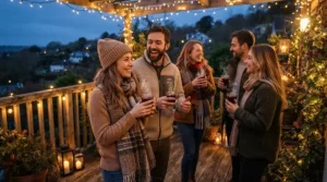 Heat-resistant glass wine glasses holding warm spiced beverages during a crisp autumn evening on a Canadian backyard patio.