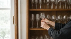 Organising a display cabinet with machine-made wine glasses vs handblown stemware.