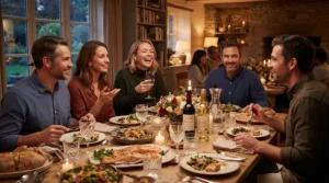 Guests hosting a dinner party discussing machine-made wine glasses vs handblown stemware options.