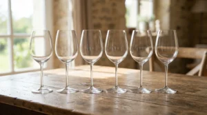 A lineup demonstrating glassware uniformity for machine-made wine glasses vs handblown pieces in a Canadian kitchen.