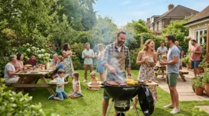 Backyard barbecue party with guests holding shatterproof wine glasses for outdoor use near the grill.