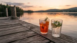 Shatterproof wine glasses for outdoor use resting on a wooden dock overlooking a calm Canadian lake at sunset.