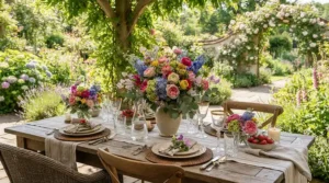 Blooming summer garden party table decorated with shatterproof wine glasses for outdoor use and fresh flowers.