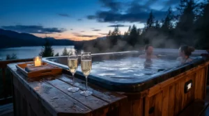 Relaxing outdoor hot tub setup with shatterproof wine glasses for outdoor use placed safely on the edge.