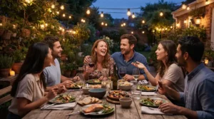 People enjoying a summer evening with shatterproof wine glasses for outdoor use on a backyard patio table.