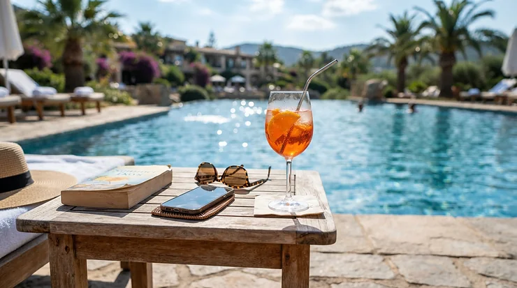 Poolside setting featuring shatterproof wine glasses for outdoor use next to modern lounge chairs.