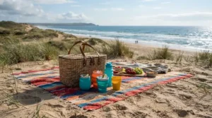 Enjoying a sandy shoreline sunset with flexible silicone wine glasses for outdoor beach entertaining.
