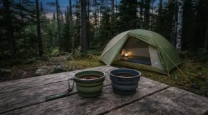 A pair of silicone wine glasses for outdoor use resting on a picnic table during a camping trip in Ontario.