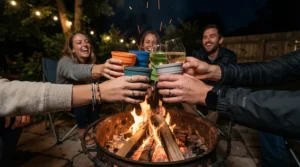 Friends toasting around a backyard fire pit with safe silicone wine glasses for outdoor socializing.