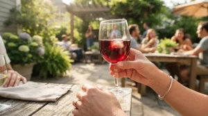 Relaxing on a backyard deck with shatter-resistant silicone wine glasses for outdoor summer evenings.