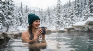 Relaxing in a snowy backyard hot tub with safe silicone wine glasses for outdoor winter use.