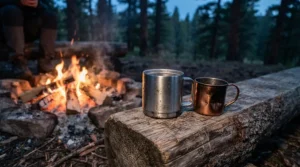 Stainless steel wine tumblers resting on a wooden log beside a glowing campfire in Banff National Park.