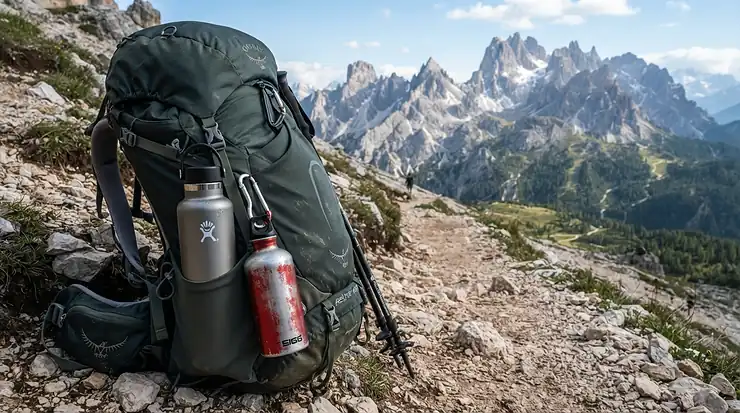 Stainless steel wine tumblers packed inside a hiker's backpack for a scenic trek in the Rocky Mountains.