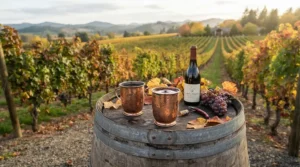 Stainless steel wine tumblers featuring vacuum insulation displayed outdoors among rows of grapevines in Niagara.