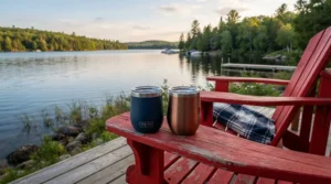 Stainless steel wine tumblers placed on the armrest of a classic red Muskoka chair overlooking a quiet lake.