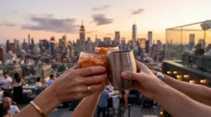 Stainless steel wine tumblers held during a toast on a high-rise balcony overlooking the Toronto skyline at sunset.