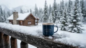Stainless steel wine tumblers sitting on a snowy wooden deck outside a cozy winter cabin in Whistler.