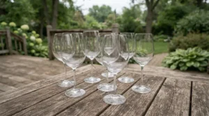 Comparing breakage rates of standard drinkware versus durable tempered glass wine glasses on a patio table.