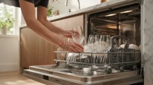 Dishwasher-safe tempered glass wine glasses being loaded after a family dinner in Calgary.