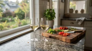 Shatter-resistant tempered glass wine glasses displayed securely in a modern Toronto kitchen setting.