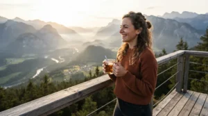 A hiker holding BPA-free tritan plastic wine glasses for camping near a mountain overlook.