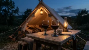 Two tritan plastic wine glasses for camping resting on a picnic table outside a tent during dusk.