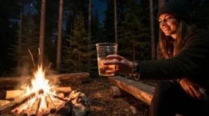 Tranquil evening scene featuring tritan plastic wine glasses for camping by a crackling campfire.