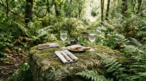 A backpacking dining kit including tritan plastic wine glasses for camping on a forest rock.