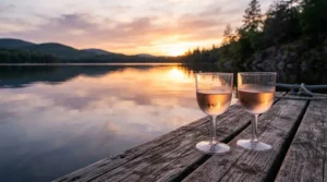 Tritan plastic wine glasses for camping set on a dock overlooking a calm Canadian lake.