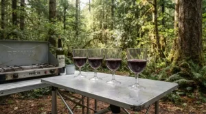 Lightweight tritan plastic wine glasses for camping arranged on a camp kitchen setup.
