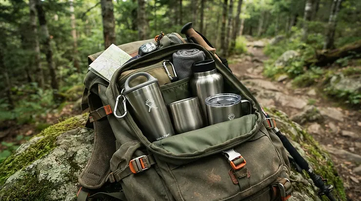 Packable tritan plastic wine glasses for camping packed neatly inside an open backpack.