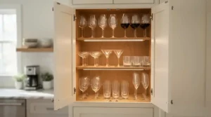 Sturdy wine glasses for everyday use safely stored inside an upper kitchen cabinet