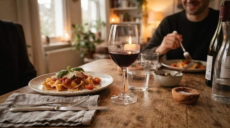 A set of wine glasses for everyday use on a wooden dining table during a casual family meal