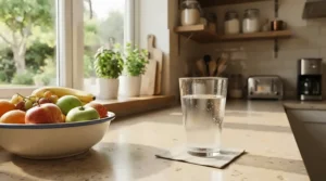 Durable wine glasses for everyday use resting on a modern kitchen counter next to fresh produce