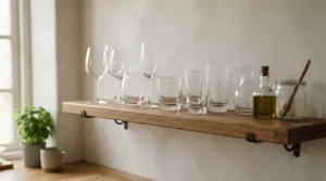 Stackable wine glasses for everyday use neatly organized on open kitchen wooden shelves