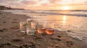 Shatterproof wine glasses for travel resting on a sandy beach during a colourful coastal sunset.